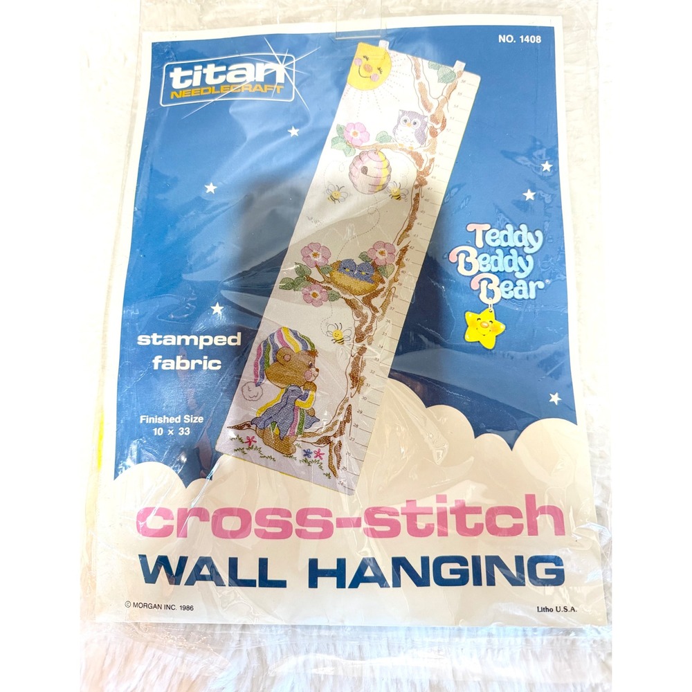 NEW VTG 1986 Titan Needlecraft Teddy Beddy Bear Growth Chart Cross Stitch Kit
